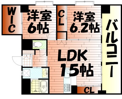 間取り：2LDK角部屋タイプ。