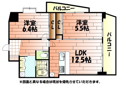 間取り：ファミリーにオススメの2LDKタイプ。