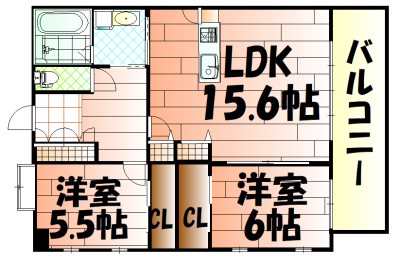 間取り：広々とした間取りで四方角部屋です