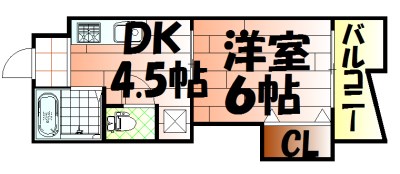 間取り：1DKタイプ。