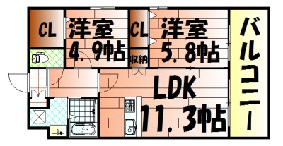間取り：建具の色はナチュラルな茶色となります。